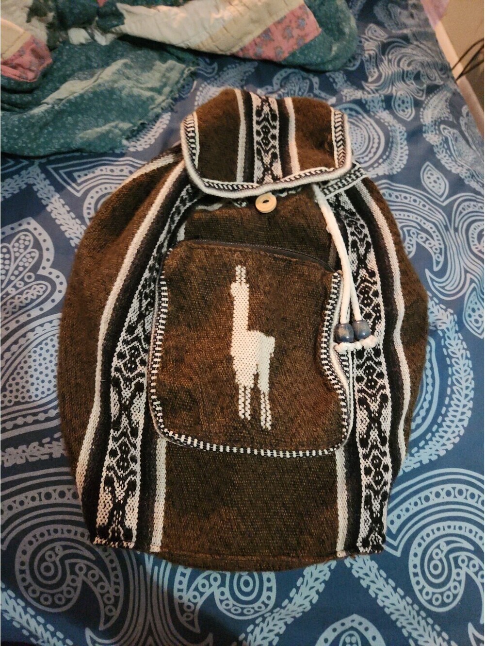 Peruvian Woven Backpack Native Inca Llama Brown/ Cream Drawstring Pocket Boho!